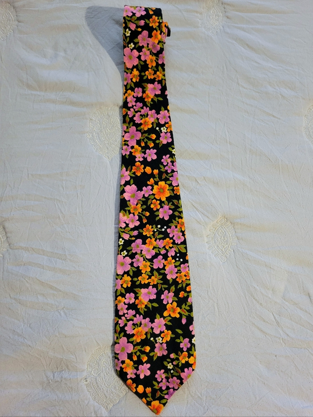 Floral Pattern Tie in Black with Pink & Orange Flowers, EUC, 53"